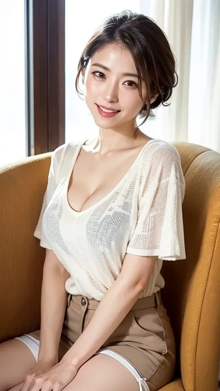 leaning forward:1.8,Detailed Sweat,Cleavage,indoor,office,Wearing a shirt,Sweating,smile、skirtリフト、skirtを手で上げる,woman, 20-year-old, Short black wavy hair、bangs、(skirt),(Lace panties)、Cute earrings、(Tilt your head a little)