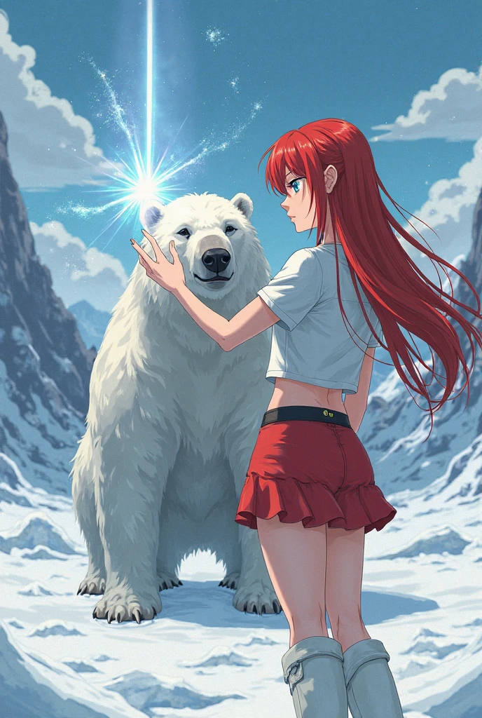 anime style, FUJIKO FUJIKO FUJIO, women in their 20s, Android, red hair, Straight Long Hair, no expression, blue eyes, white t-shirt, Red Mini Skirt, white boots, Arctic, Duel with a polar bear, emits a ray of light from your fingertips,  composition from the side