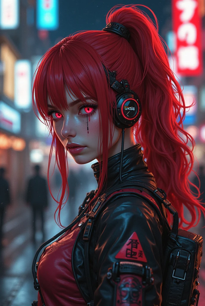 Cyberpunk, damged, lose a part of her face in war, wires came out in the lose part of face, trashed, cyberpunk damged, trashed in a big garbge, red hair