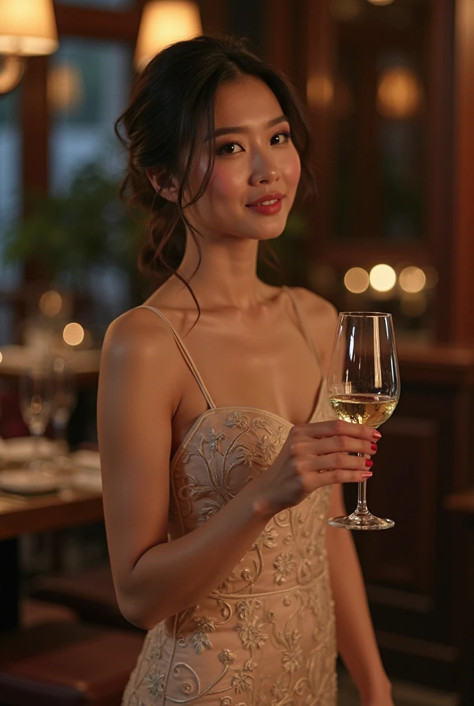 A young woman with a glamorous look, wearing a red dress, stands in a dimly lit restaurant, holding a glass of red wine. Her expression is soft, almost thoughtful, and the warm lighting casts a gentle glow on her face. The background is blurred, with the soft glow of fairy lights and the lush greenery of the restaurant decor.
Lighting: warm and inviting, Colors: rich and vibrant, Texture: smooth, Background: softly blurred, Rendering: high quality]