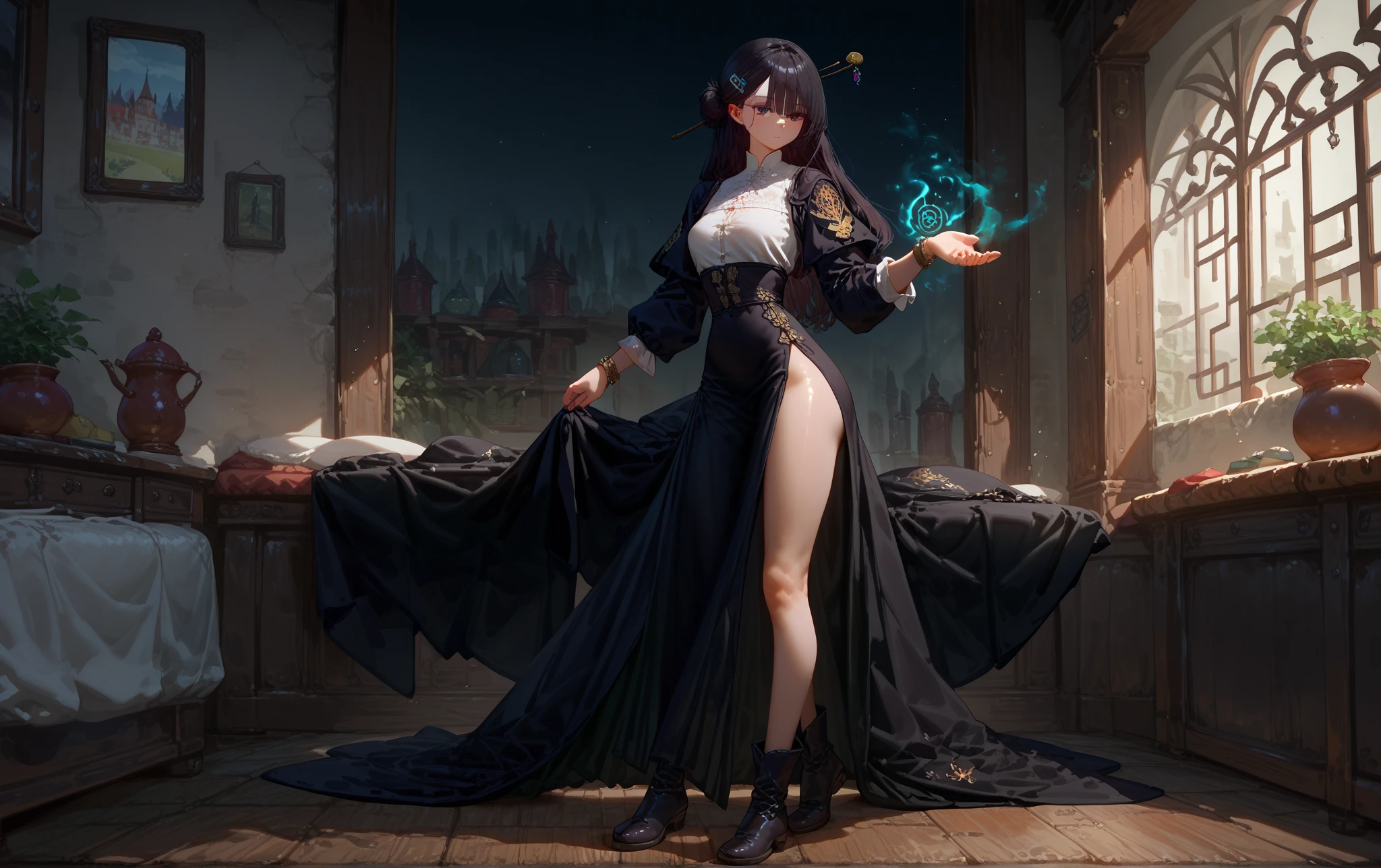 Dark blue eyes, full body picture, black hair, 1girl, room, light smile, 1 girl, glass eyes,