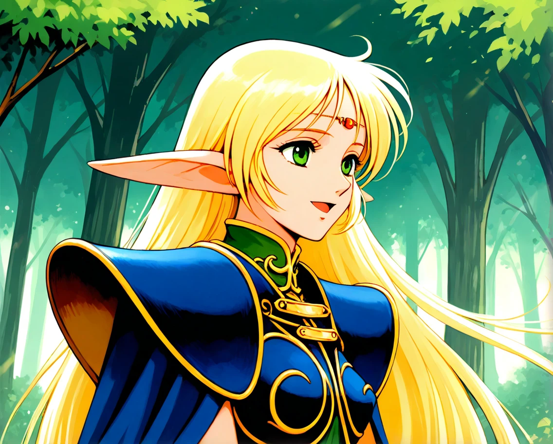 Record of Lodoss War, Deedlit, from side, portrait, looking away, wariza, Happy, while smiling, Bright forest with fantastic atmosphere