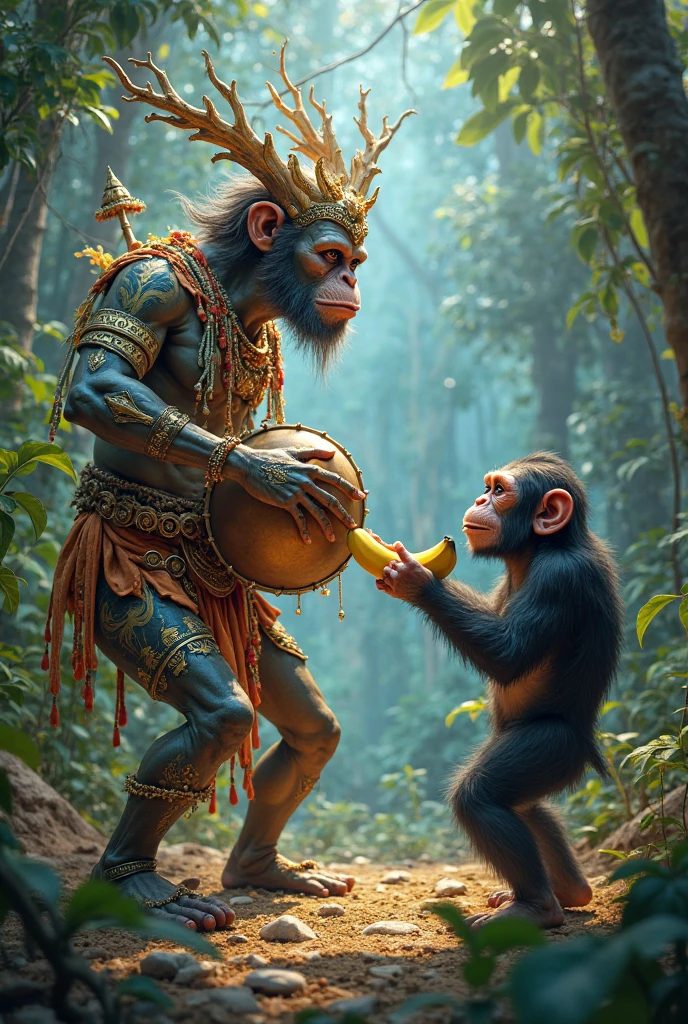 Create a Realistic High Quality image of LORD HANUMAN is depicted in meditation . Sitting on a Stone. A Realistic 18 year old boy Wearing Saffron T-shirt sprinkles flowers to HANUMAN and performs Pooja , Hanuman ji giving blessings to boy,Name "Darashn" is written on the Boy's T-shirt. The Background features "Happy Hanuman Jayanti" in the background. beautiful background view