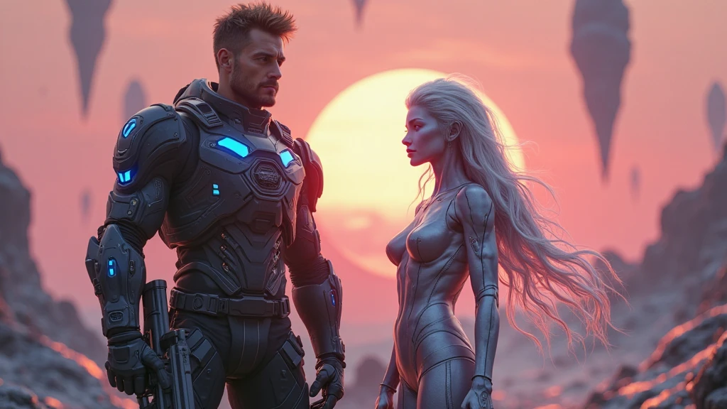 Beautiful woman with blond hair and blue eyes。Facial details。Beautiful couple。through nasal muscles。Full lips。She wore a metallic scarlet suit,Perfect fit.。Wearing a transformation belt on the waist like Kamen Rider.。Giant space battleship moving forward in outer space with woman in the background。8KImage Quality。masterpiece