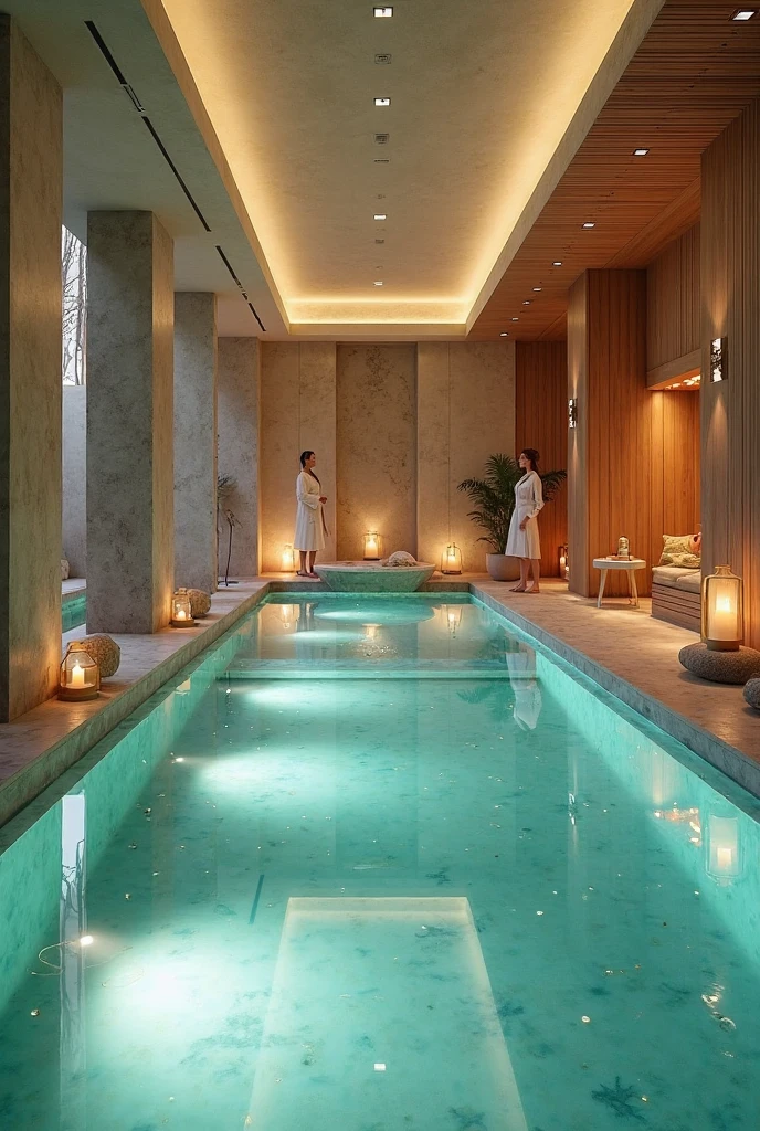 Luxury indoor swimming pool, dark interior, aesthetic, horizontal picture, 16:9 ratio picture