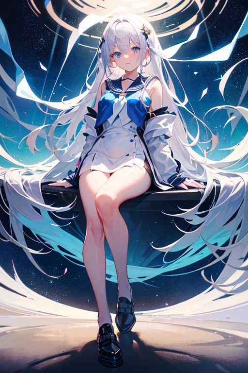 Crie a imagem de uma garota de anime com longos cabelos brancos. She is wearing a long-sleeved white swimsuit with blue and black details.. her feet need to be visible in the image and her toenails need to be black.