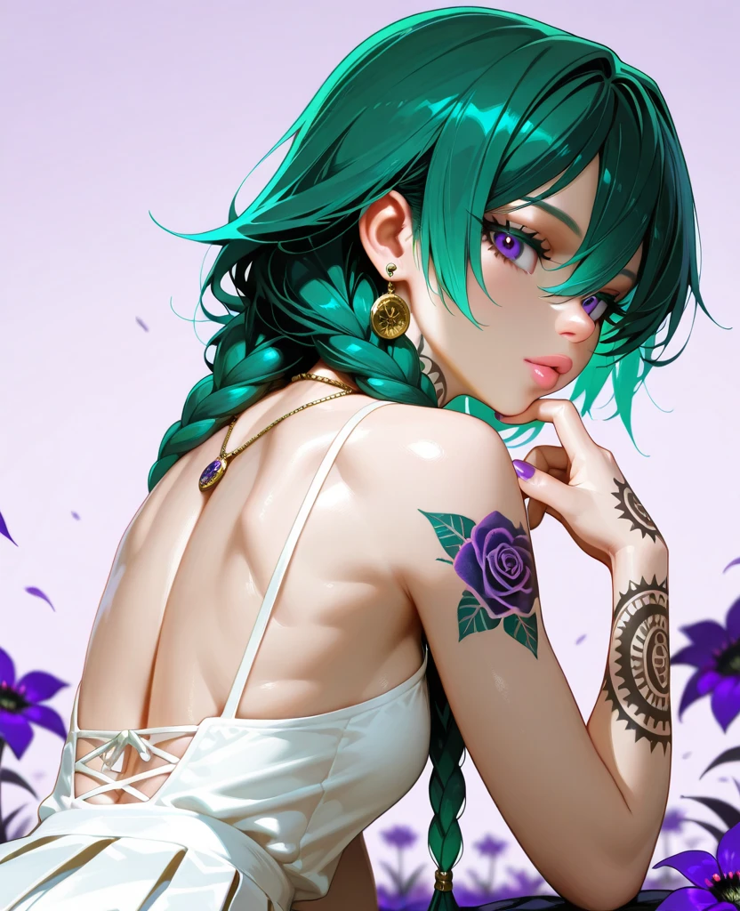 mulher asiatica, cabelo verde, corpo tatuado, tatuagens chinesas, olhos amarelos, dragon eyes, cabelo preso, vestido preto, costas tatuadas expostas, olhando para o visualizador, em um por do sol