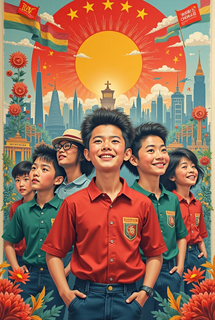 (best quality, masterpiece:1.2), photorealistic, ultra high res, front lighting, intricate detail, Exquisite details and textures, a boy,A Chinese boy, holding a red flag, stands on an embankment
 <lora:hongse:0.9>