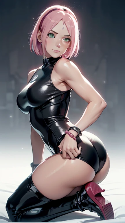work of art, A beautiful girl, shiny pink eyes, big fit ass leg thighs, waist long, big fit ass , Legs long, black jacket with spikes, microbiquini, black jeans with chains, glitters and effects, black gloves without fingertips, vred, Waist slender, short abdomen, return to spectator, photo from bottom to top