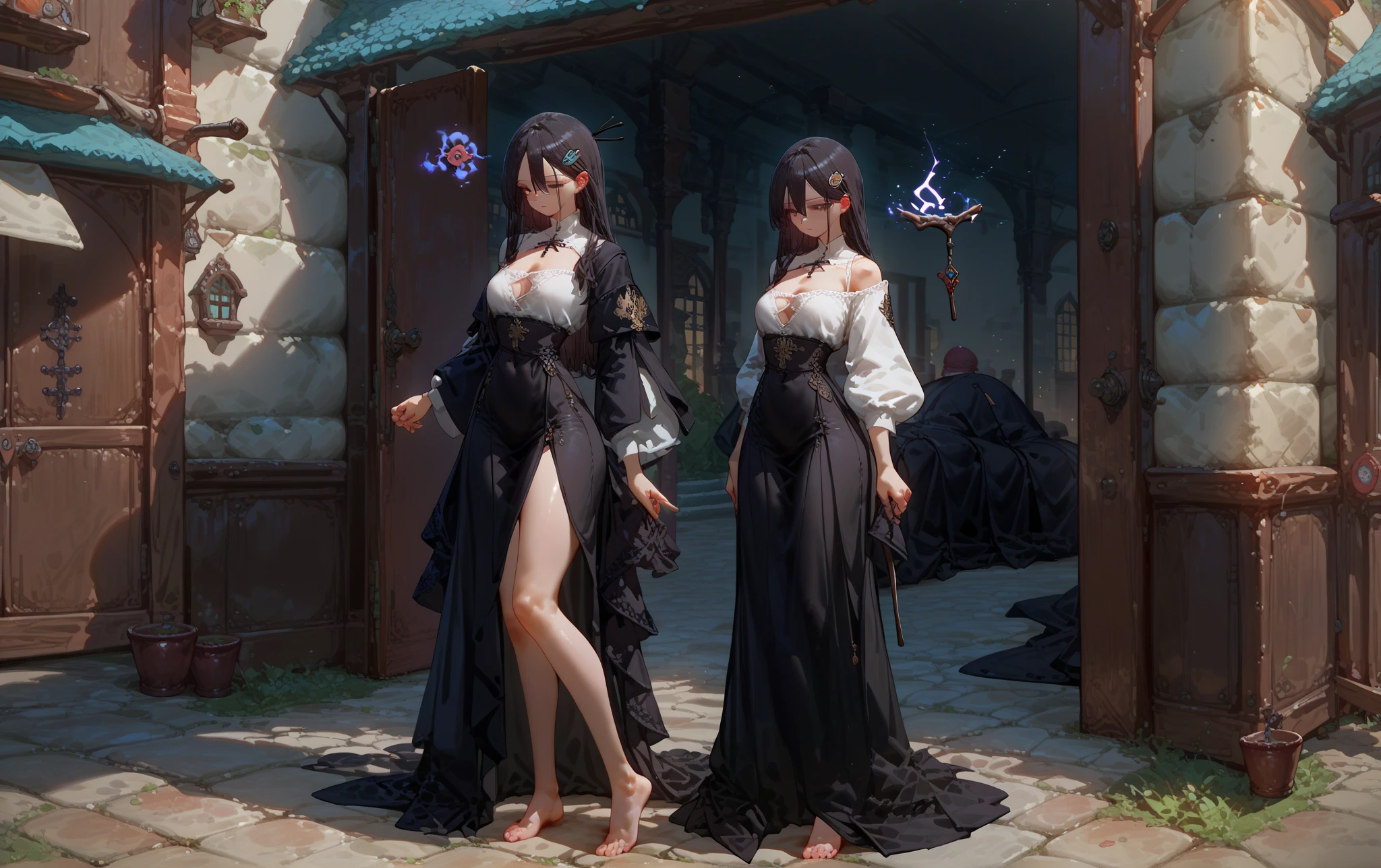 tunnel,There is grass on the ground,There are a lot of lights in the passage of the tunnel,a pregirl,There are abs,Slim figure,with thin legs,Wear cute lace-trimmed clothes,Wearing a cat-eared hat