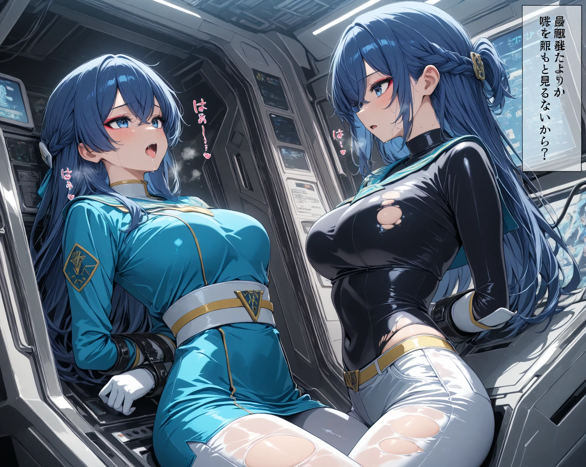 Two girls in anime combat uniforms make love while jumping on a zero-gravity spaceship,half .Two pretty girls,Very embarrassed look'looks like me'i'Looks like I'm going to cry,red blush,Accurately drawn face,Hug me from behind and blame my boobs and crotch,intimate lesbian couple,slender and large,tre anatomically correct,Precise fingers,Sci-fi anime battle suit in different colors,When to take off clothes,,wide open front zipper,I could see her cleavage and navel.,See-through bra and panties,jump as if floating, Hug and love each other,Inside the anime spaceship,masterpiece,Best Quality,Lesbian sex,Half - A lot of skin is exposed.