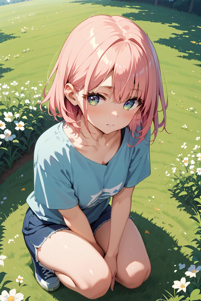 NSFW、stretch、Spread your legs wide、8k,Highly detailed CG unit wallpaper,masterpiece:1.2,Highest quality,Ultra-high resolution,RAW Photos,mature,Medium Breast、Pink Hair、Long Hair、Cute like an idol、Shining Eyes,Big eyes,Detailed eyes,Watery eye,weak,Cinema Lighting,White tank top,Grey leggings,BREAK,On the grass、garden、wood、Grass、road、Daytime,BREAK,dutch angle shot,