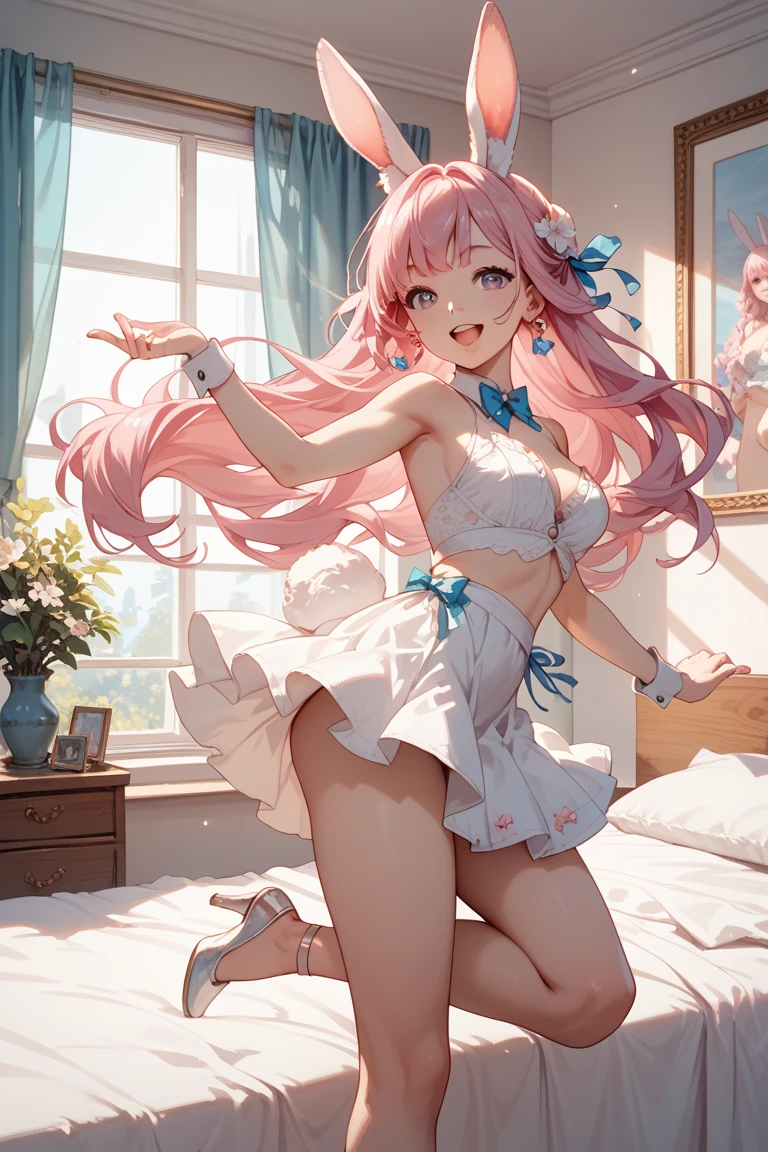 Cheerful bunny girl, caring smile, sexy bunny, chiffon, Tulle, kneelig down on her knee, leaning her head slightly, behind view, cute buttocks, wedgie of her butt