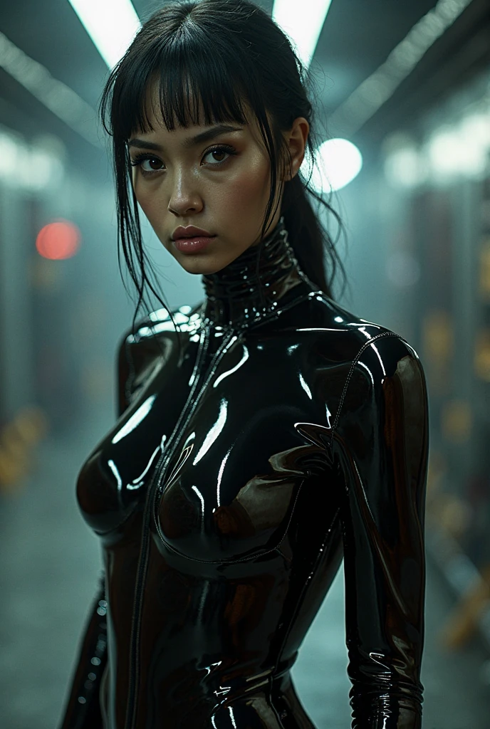 a photo of billie eilish , 22 years old, in a latex suit, cute face, detailed eyes, black eyes, naked, sci-fi, dystopian, (best quality,4k,8k,highres,masterpiece:1.2),ultra-detailed,(realistic,photorealistic,photo-realistic:1.37)