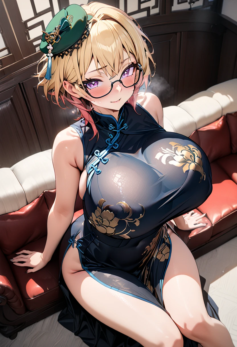 ((masterpiece)), ((Best Quality)), (Ultra-detailed), ((kawaii)), (Cute), (lovely), ((Sexy)), (Ero), ((Extremely detailed)), 4K, (8K), Best Quality, (Beautiful), Illustration, Anime style, Painting, Dynamic Angle, Cowboy Shot, (from wildcard:1.4), heavy outline, clear outlines, Gradation, (full body focus), (Chinese room), Cute little girl,1girl in, Chinese dress, Solo, blond hair, Beautiful random colored eyes, ((Beautiful eyes)), Slightly wheat-colored skin, chignon (ladies' hairstyle), Buttocks, (gigantic and massive tits), glasses, (cool), (blush:1.5), sparkling effect, Lens Flare, shiny-glistening, gleaming
