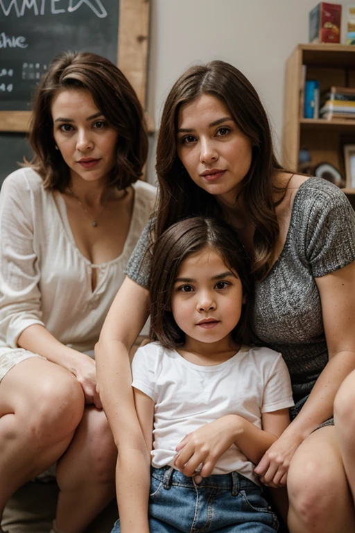 Create the image of a deceased mother protecting her three children. The mother's personality is that of a determined and unbeatable warrior with love for her children.