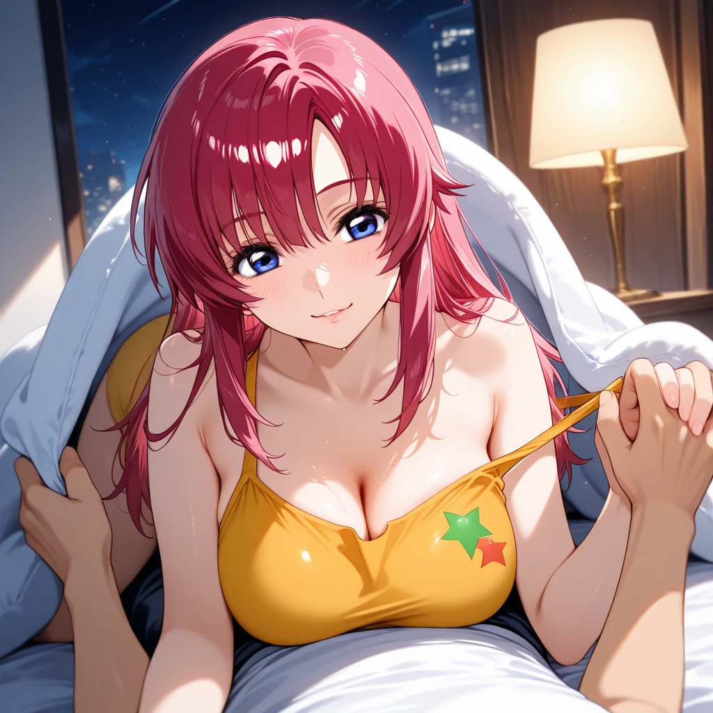 (((Akari Watanabe))), (masterpiece, best quality), ((extremely detailed, intricate details, lush details, incredibly detailed face, beautiful green eyes, lips, detailed skin, wide eyes, skinny)), ( (floating hair, shiny skin)), (1 girl), wide hips, narrow waist, thick thighs, ((big pupil)), nervous, ((happy, smile, long hair, younger, blush, tall, black outline , pink hair, straight hair, seductive eyes, mature woman, older, very long hair)), 1 girl, alone, toned, ((((dark bedroom, in front of a large window, night sky outside, focus on the top body)))), pink hair, big breasts, long hair, blue eyes, full body, bun, looking at viewer, a little cleavage, gyaru, standing, smile, bow tie, shoulder cut, closed mouth , pink nails, heart, bumps, nail polish, half breasts,(((1girl, nightwear)))