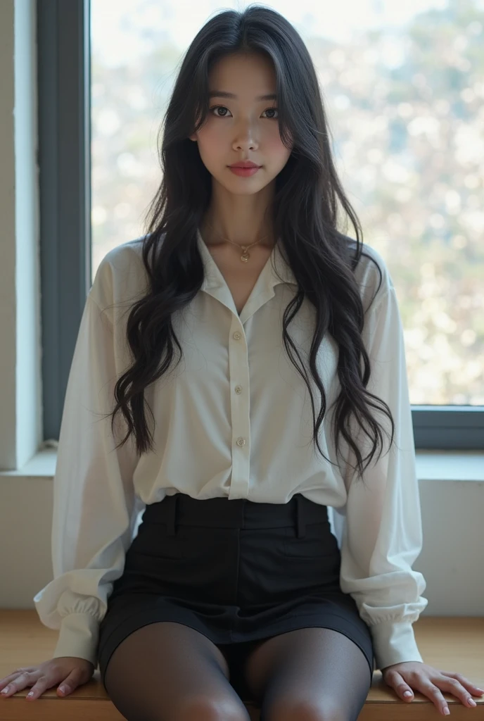 (1girl:1.2), in the bedroom, woman in a fluent skirt, medium gray color, adjacent color matching, elegant temperament, elegant intellectual feeling, high image quality, long hair, fine skin texture and cloth texture, detailed eyes, detailed long eyelashes, double eyelids, portrait photography, focal length 30 mm, aperture F1.2, God perspective, realism, idyllic good time,