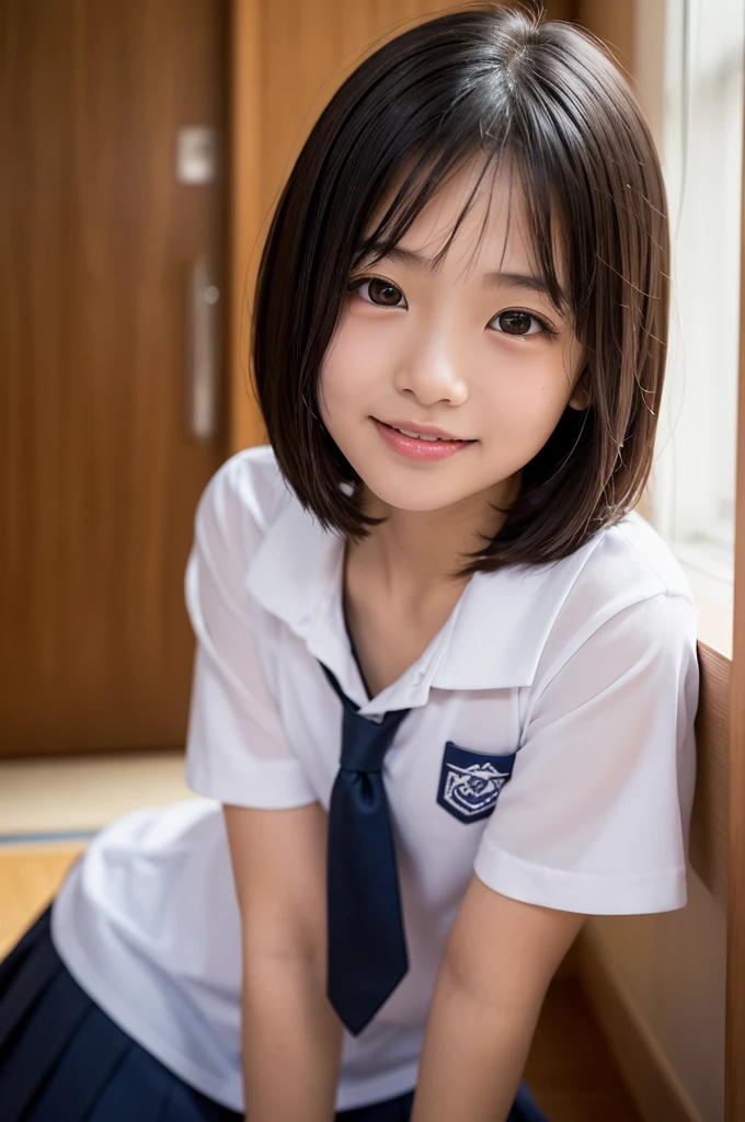(masterpiece, highest quality, super high resolution, real, raw photo, 8K:1.2), (solo, high school girl:1.4), (short-sleeved sailor uniform), (long navy blue skirt), (black sneakers), (no socks), Asian, idol, Korean idol, (smiling with teeth showing, eyes narrowed:1.3), (bob cut, black hair, no makeup, mischievous:1.3), (tanned Japanese:1.3), (16-year-old Japanese girl:1.2), (small eyes:1.4), (room:1.3), (looking at subject from below:1.2), (showing white panties:1.3), (defenseless, spreading legs, squatting and standing on tiptoes:1.3), oily skin, oily, dark skin, moist, oily, slippery, (2 arms, 2 legs), (skin texture:1.2)