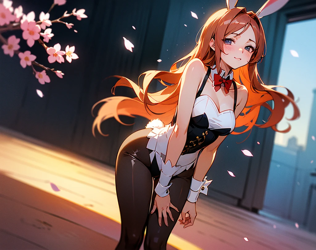(masutepiece:1.0), Ultra Detail, Hyper-Resolution, Highest Quality, 1 female (( ((Solo:2)), mideum breasts, Thin thighs, High resolution, long red hair, Ponytail, highly detailed dark blue eyes, ((Bare shoulders, cleavage of the breast,high leg gold bunny girl)), Highly detailed facial and skin texture, face perfect, perfect bodies, No extra fingers, No extra arms, No extra legs, Victorious smile, blush, Very sweaty, cross arms behind back)), Background((In the tavern, summer evening, (blur backgroun:1.0))), (Full body portrait), 8K Wallpaper.