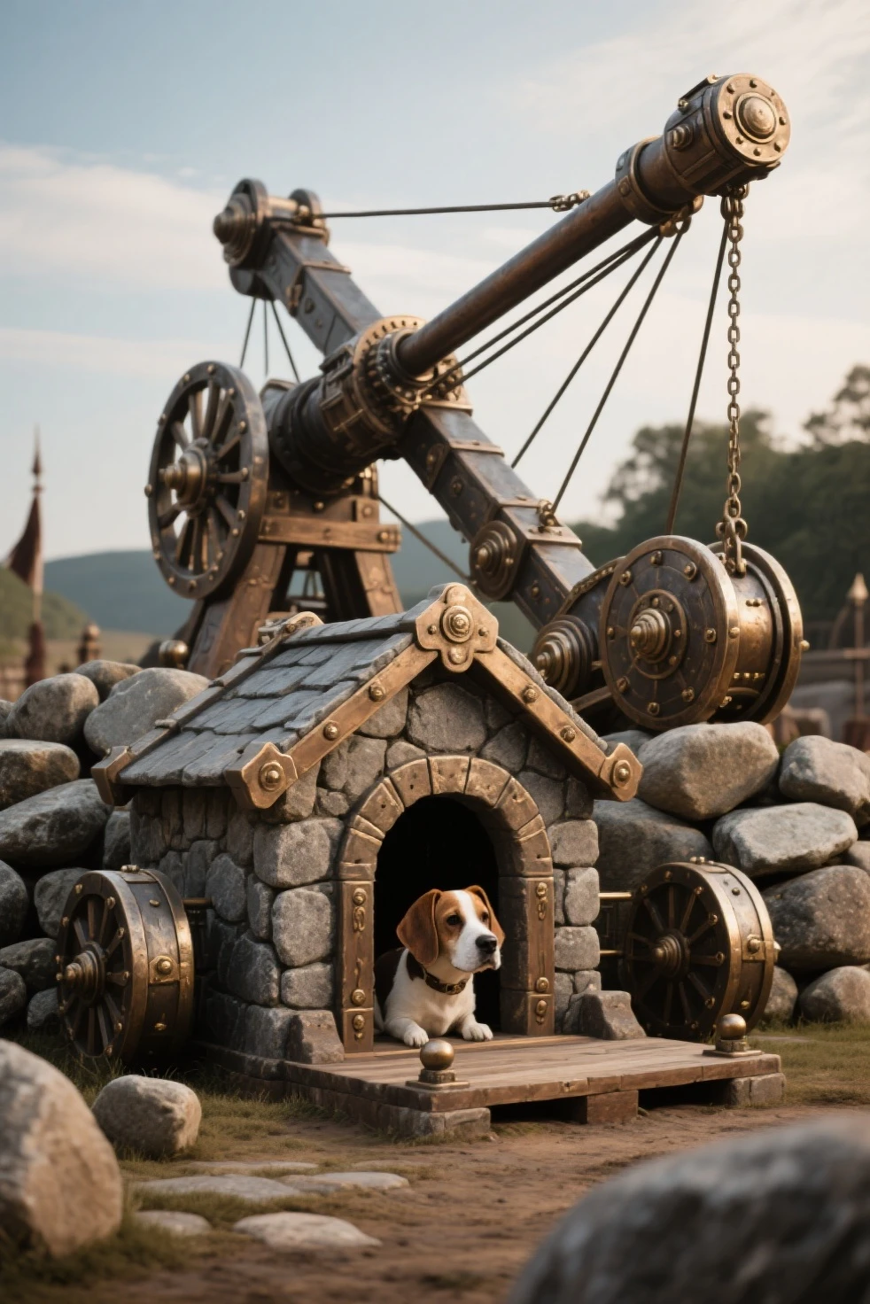 A sturdy and luxurious huge catapult set with stones, front view, Doghouse