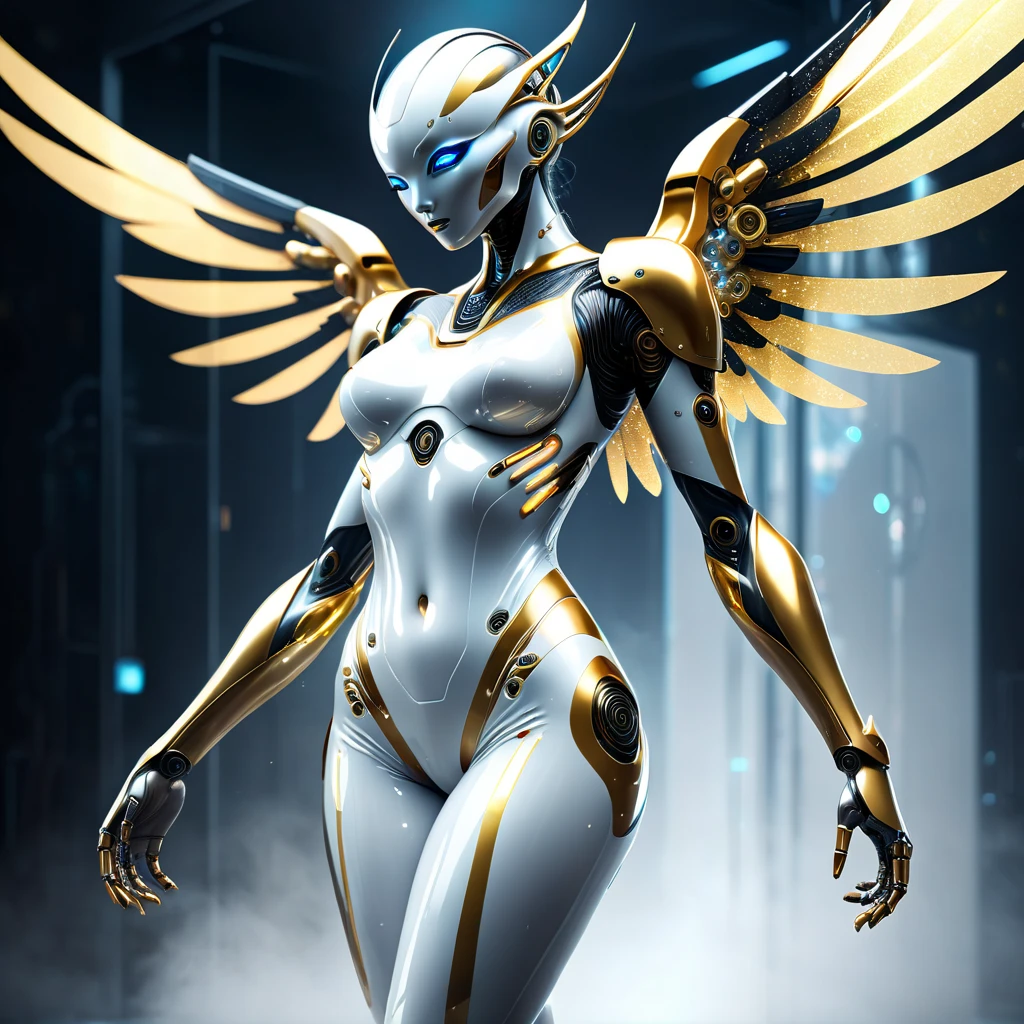 beautiful robot that is fusion of succubus and fallen angel, with beautiful form, wearing white and gold shiny bodysuit with fine lines seven-color neon light diagram pattern, superlative body proportion, background huge room with analyzers, labs, shading effects, gradation magic effects, foggy filter effects, glitter effects, (ultra detailed, absolutely resolution, best quality:1.3), 2.5D, delicate and dynamic, artistic photography, hyper realistic, graphic CG digital art