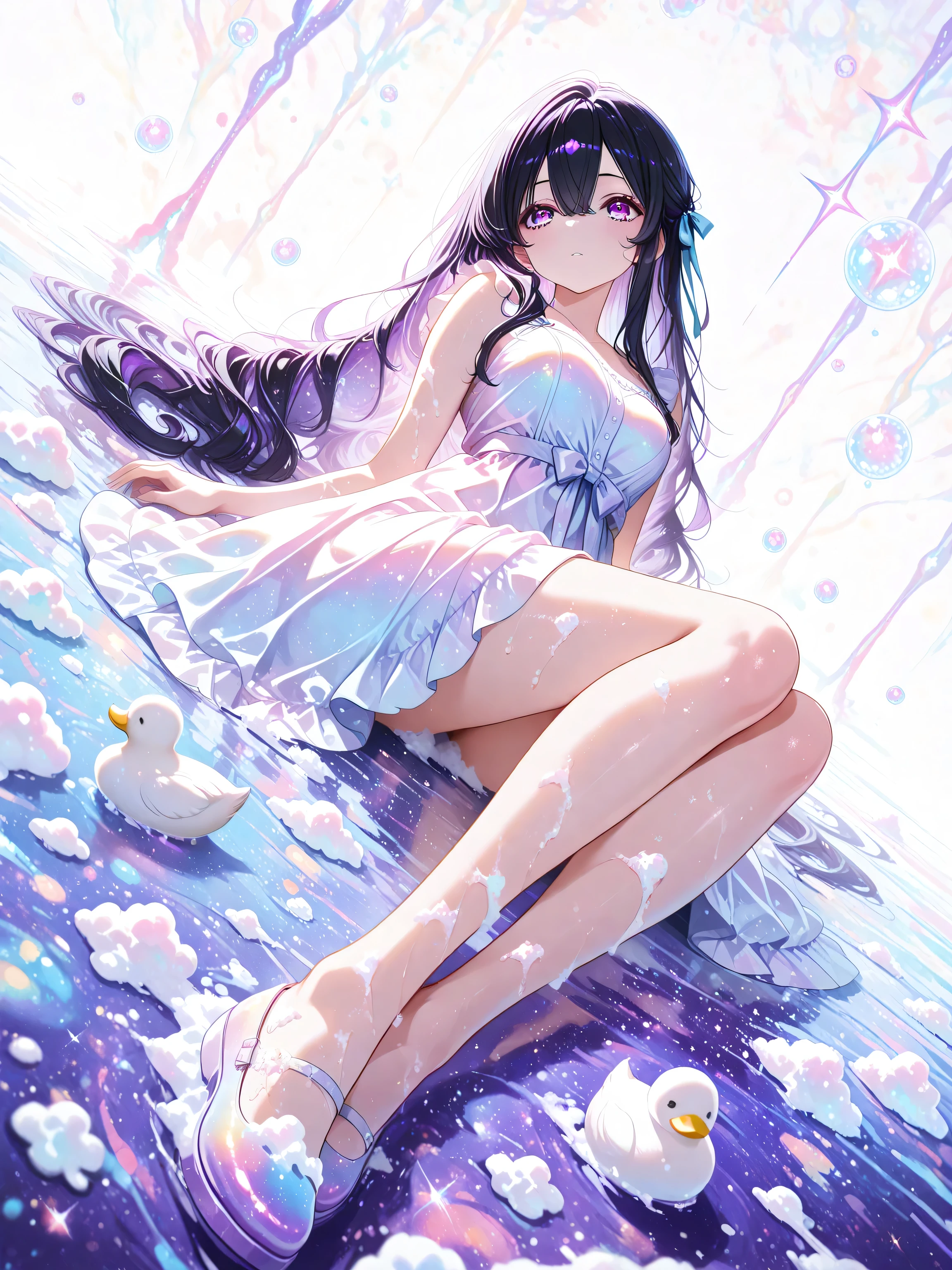 ((top quality)),(ultra high resolution),(Super detailed),(detailed description),((the most picturesque works of art),super precision art,amazing art of depiction,fantasy art:1.5, ((綺麗なflower々:1.3)), (glamorous body:1.5),fancy background effects、masterpiece、fancy details、(NSFW 1.1), ((1 female)), ((muste piece)), ((extremely detailed:1.3)), ((Beautiful woman entering the lake in crystal clear water)), ((beautiful long hair)), wet hair, wearing a transparent dress, Bathing clothed, (水に浮かぶバラのflowerびら:1.5), (early morning light), ivory gold AI, temple, crepuscular lighting, (very huge )、pink nipples、pink areola，Transparent pink areola、((Transparent pure white wedding dress that shows your skin、Detailed design))、Arranged,intimate, rose garden、colorful roses、lake with floating roses、wet body、(頭にflowerの装飾)、大きなflowerいっぱい、solo, water play, flowerいっぱいの髪飾り, flower々, sky porn,Pure white dress that becomes transparent when wet, shines wet with water、(muste piece),(Highly detailed CG Unity 8K wallpaper),best quality,cinematic lighting,detailed background,beautiful detailed eyes,bright pupils, (very delicate and beautiful),(Beautiful and detailed eyes),((muste piece)),(Purple eyes)