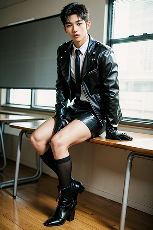 (masterpiece:1.2), a cute prison boy, a boy is sitting at his chair, (spandex shorts:1.2), black hair, very cute tiny boy, detailed big hard bulge, 11 years old, school, classroom, studying, taking exam,looking away