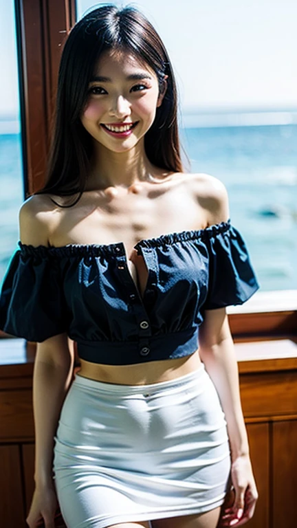 young girl of 32 years, very thin, smiling, Posing, tattoo, denim skirt, ruffled pleated mini skirt, tight open back top, multi color top, on the sea trip, standing, summer day, black fur, Maximum quality, ultra realism, 8k, maximum detail, maximum resolution,     