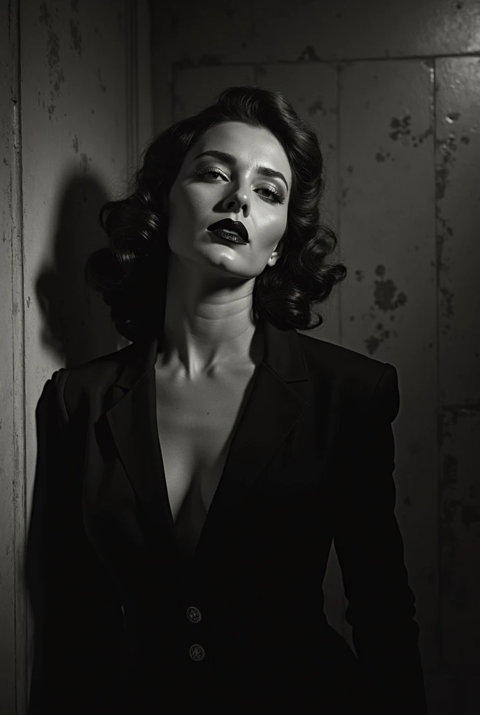 "Quinne stands confidently, exuding an edgy allure reminiscent of a high-fashion model. Her outfit, a mix of elegance and boldness, includes a lace bralette paired with a belted blazer draped over her shoulder. Her tousled brown hair adds a touch of wild sophistication. With a cigarette between her lips, she enhances the rebellious vibe. She is framed by the luxurious interior of a first-class airplane cabin, with plush seats and soft lighting adding to the sophisticated ambiance. The black and white aesthetic emphasizes her striking features, creating a powerful and captivating image."