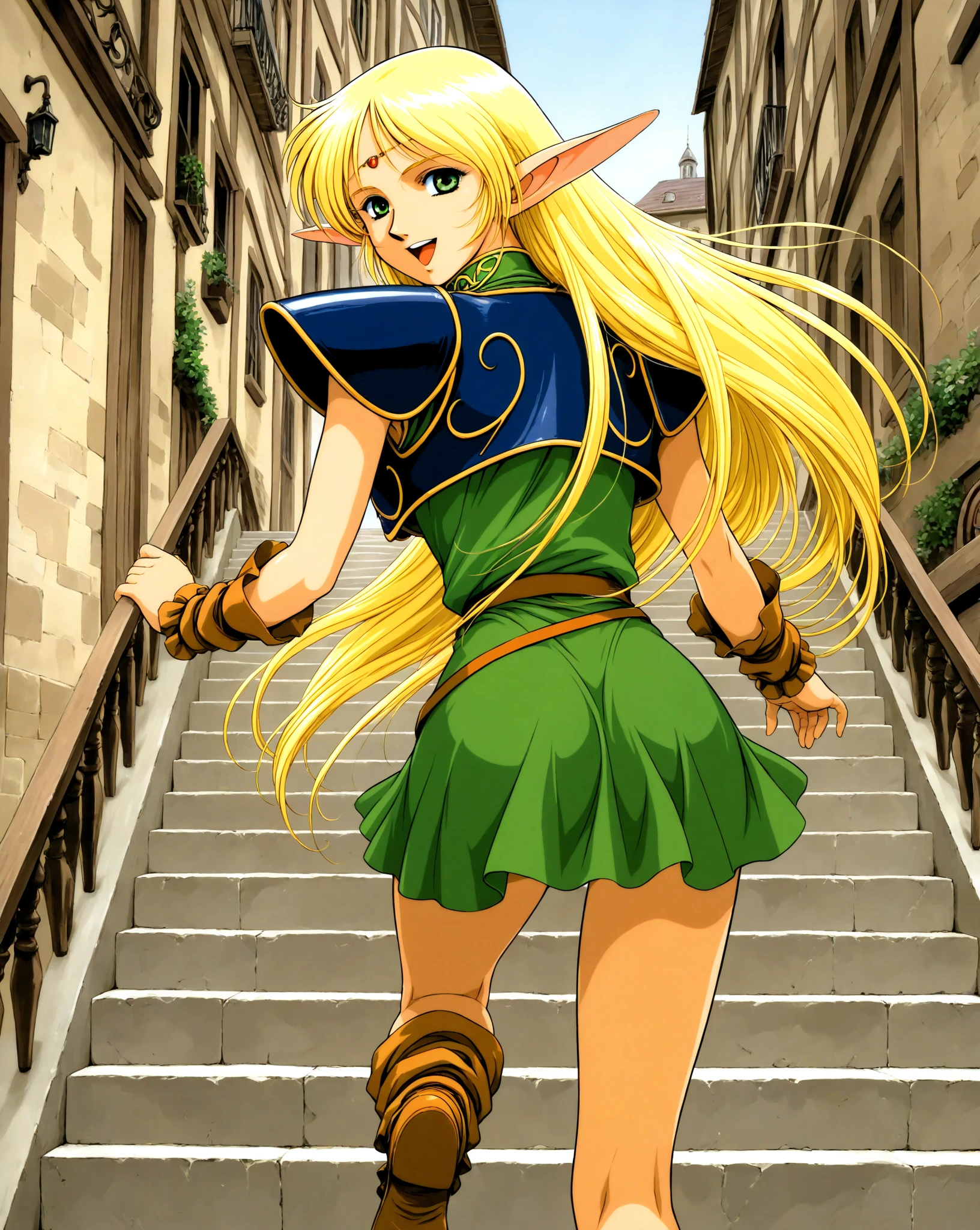 Record of Lodoss War, Deedlit, from below, look at viewer, Big wave from the top of the stairs, Happy, Big smile, Old town with German style