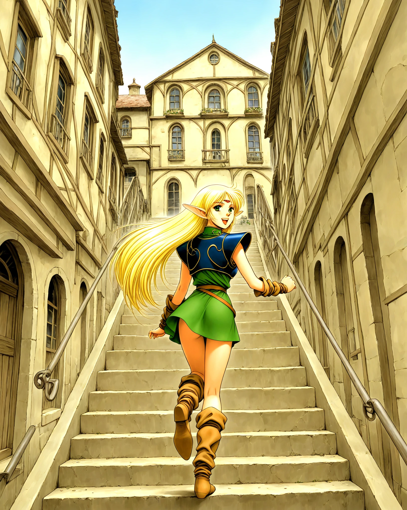 Record of Lodoss War, Deedlit, from below, look at viewer, Big wave from the top of the stairs, Happy, Big smile, Old town with German style