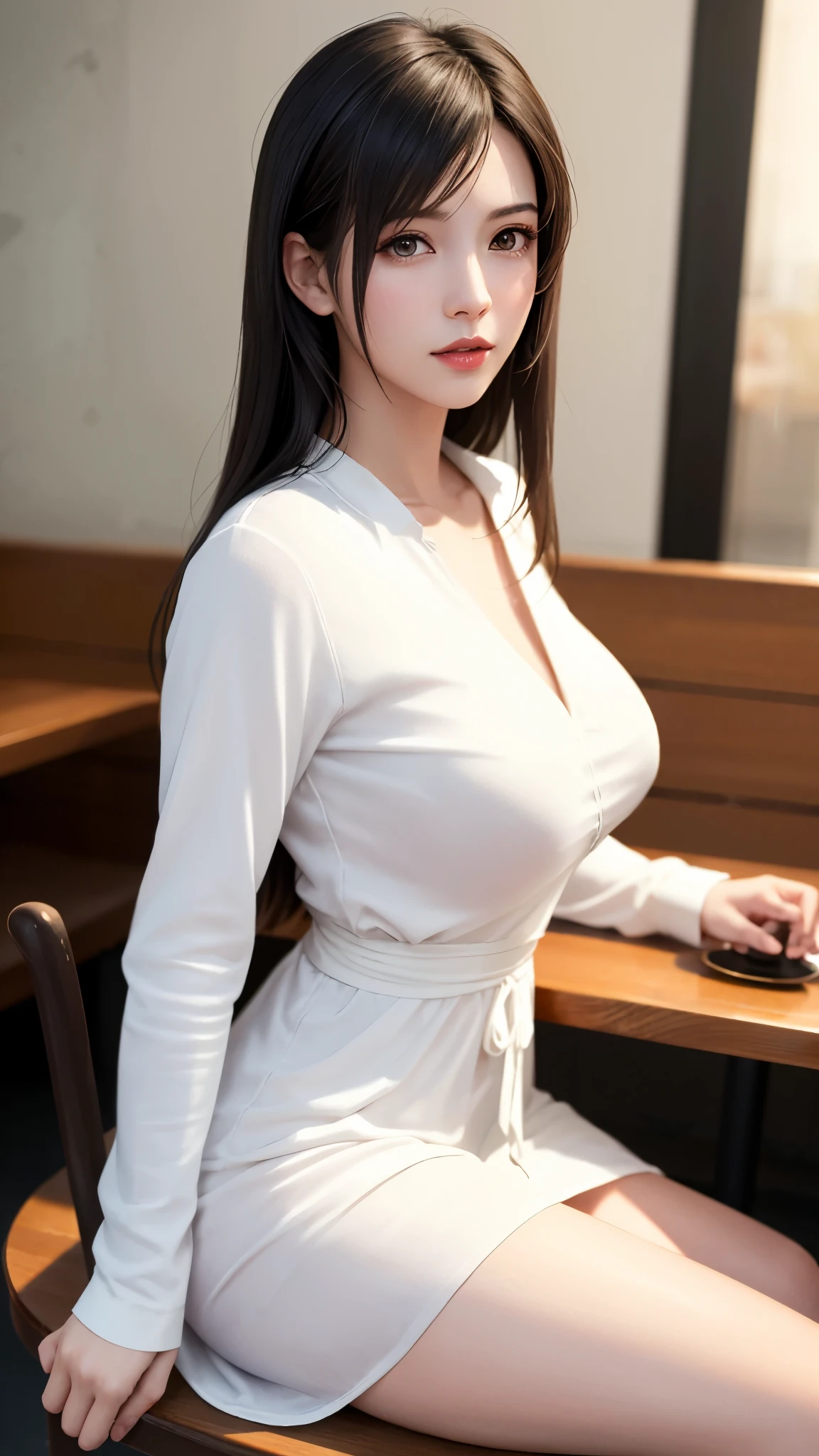 masterpiece, highest quality, 8k, 20th generation, Big Breasts, cute, alone, sad, cute, Girlish,cute 繊細な女の子, cute、Pure beauty, RAW Photos, Professional photography, Portraiture, Soft Light, Professional Lighting, Backlight, Upper Body, avert your eyes, Sophisticated, Film Grain, (Eye and facial details:1.0), Round face、Floating Hair, beautiful, Flowing hair, Asymmetrical bangs、(Big Breasts:1.0)、loose white blouse、Navy blue cardigan、You can see a little bit of her chest、Micro Mini Skirt、Exposed thighs、Voluptuous thighs、dolly make、Heterochromia iridis、Office at night、In front of the computer、sitting in an office chair、