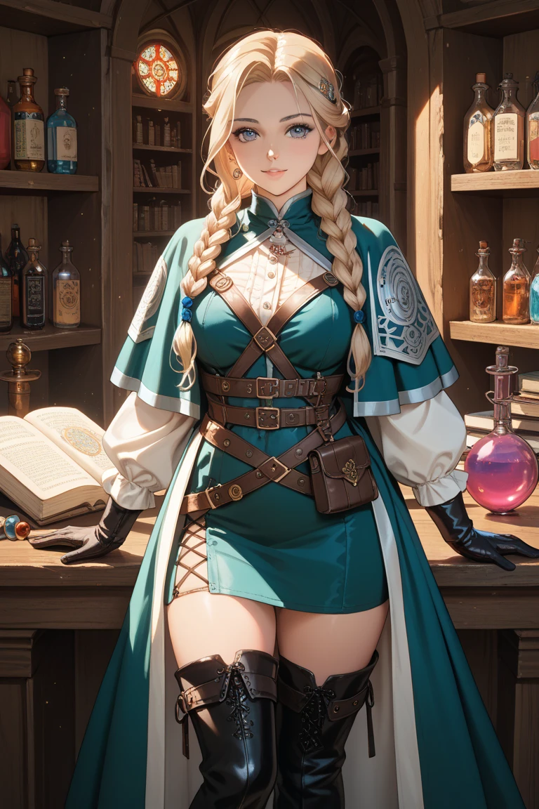 tiara, perfect eyes:1.2, detailed eyes:1.4, green hair, library, books, ass, looking at viewer, single braid, very long hair, long braid, yellow eyes, glasses, round glasses, fringe, shy, pointy ears, elf ears, juliet sleeves, detached sleeves, puffy sleeves, bare shoulders, hood, black gloves, white pantyhose, thighlet, jewelry, makeup, lipstick, large breasts, from behind, beautiful body, cleavage, 1girl, solo, (masterpiece:1.6, best quality),