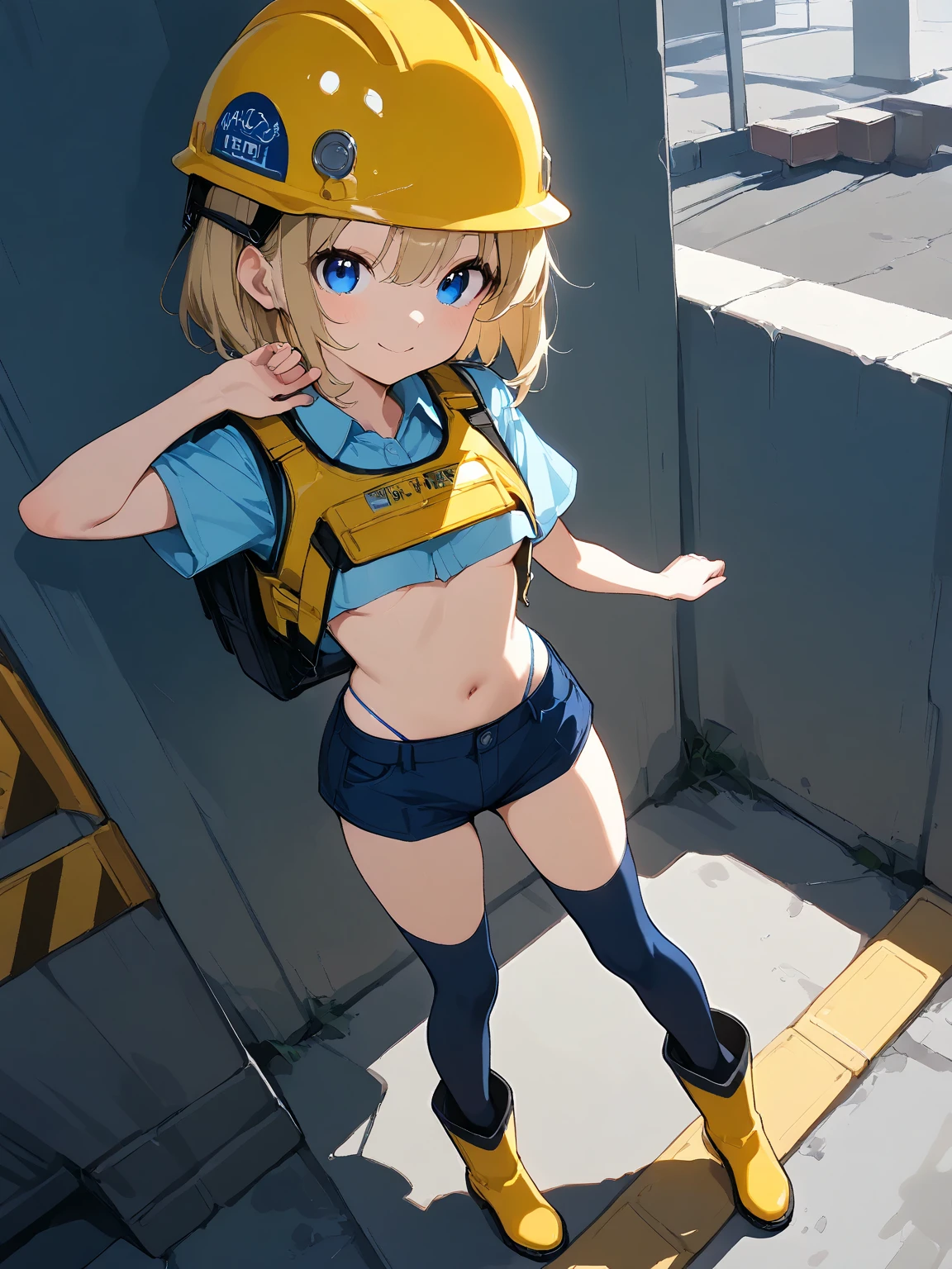 ((topless)), nsfw, masterpiece, 1 girl, erect nipples, intricately detailed, navel, bare shoulders, blonde hair, hard hat, construction site, towel on neck, wiping sweat, baggy pants, cargo pants, extremely detailed, bare breasts, puffy nipples, blue eyes, bare stomach, sweaty, medium breasts, arm strap, cowboy shot, holding sledgehammer, , chain, soft eyes, smiling, day, belt, rubble, short hair, open mouth, hairband