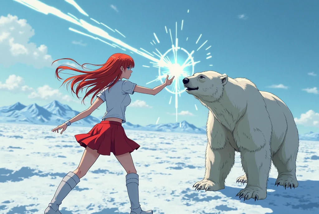anime style, FUJIKO FUJIKO FUJIO, women in their 20s, Android, red hair, Straight Long Hair, no expression, blue eyes, white t-shirt, Red Mini Skirt, white boots, Arctic, Duel with a polar bear, It emits a ray of light from the hand, Bird's-eye view