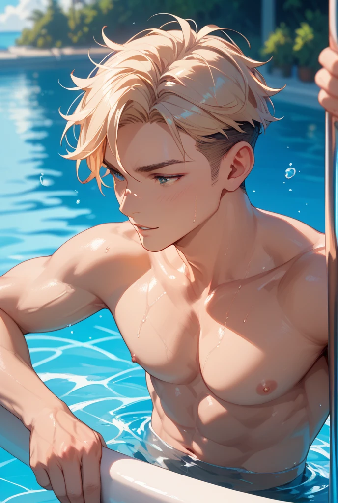 semi realistic art style, 90's aesthetic, deitailed textures, soft and warm light, young man(pale skin, short messy blonde hair, blue eyes, soft face, skinny body tipe, mastectomy scars), bathing in the lake at night