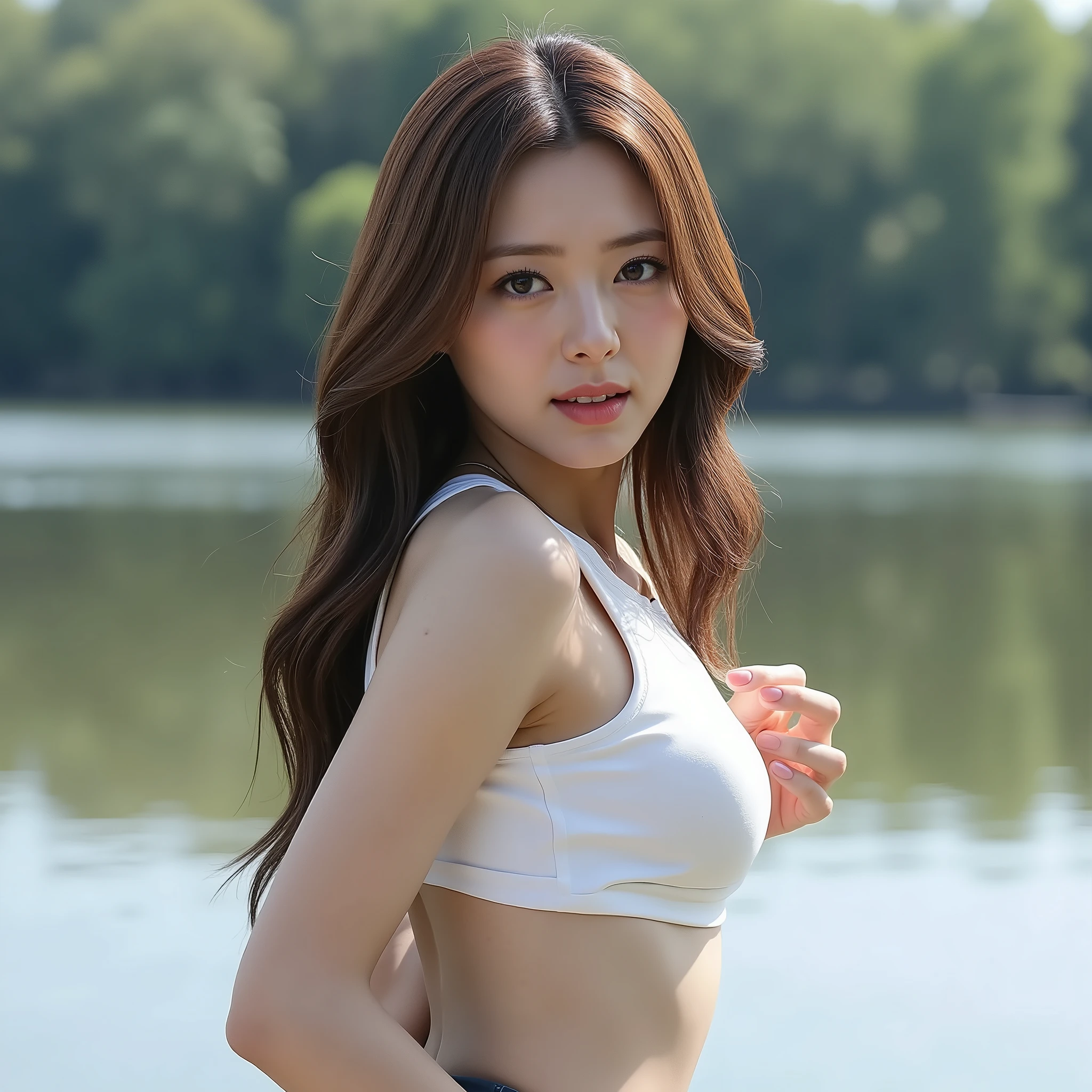 Beautiful 28-year-old korean with long hair and medium-sized breasts naked at a lake,  showing the chest side 