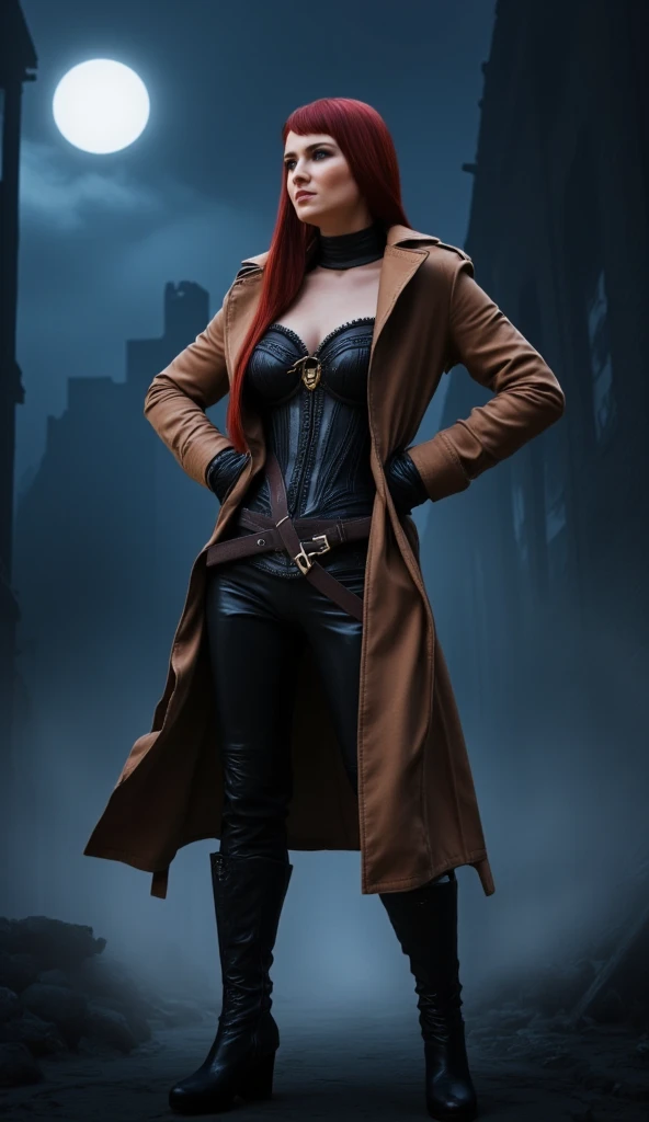 Red hair, green eyes, cowboy hat, leather jacket, a woman in a hat and coat holding a hand gun, a character portrait by senior character artist, holography, steampunk, unreal engine 5, concept art, Concept art by senior character artist, official art, full body head to toe in frame pose, 32CC Breasts, athletic body build