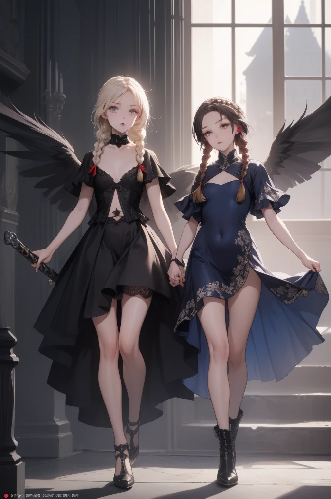 very cute devil and angel、14 year old girl(2 people)、(Breast size according to age)、standing position、full body shot、(Knee high up to the thighs)(topless)、not wearing panties、doggy style、