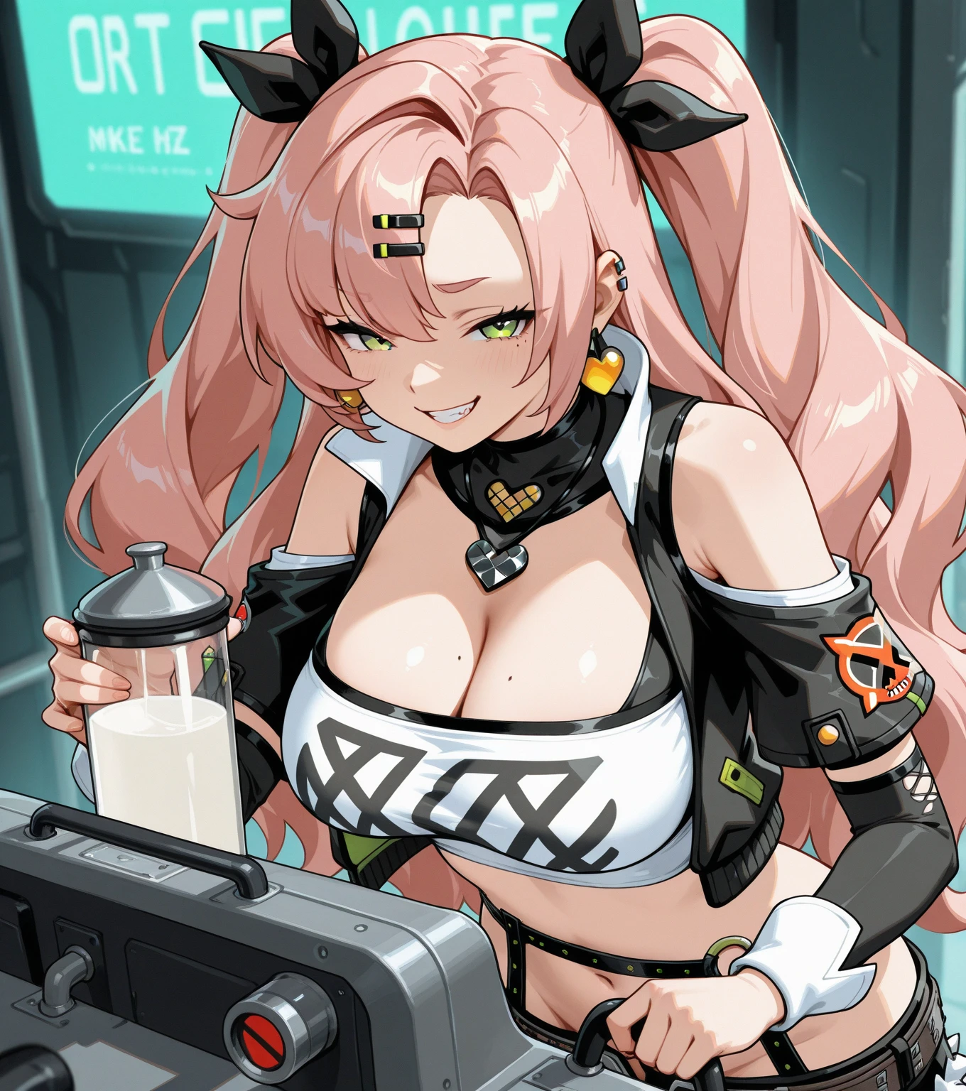 best quality,4k,highres:1.2),ultra-detailed,realistic:1.37,body painting:1.1,Super sonico nude with big nude boobs and big nipples, she has a black bunny suit on and ears. location is at a casino on the gambling floor.