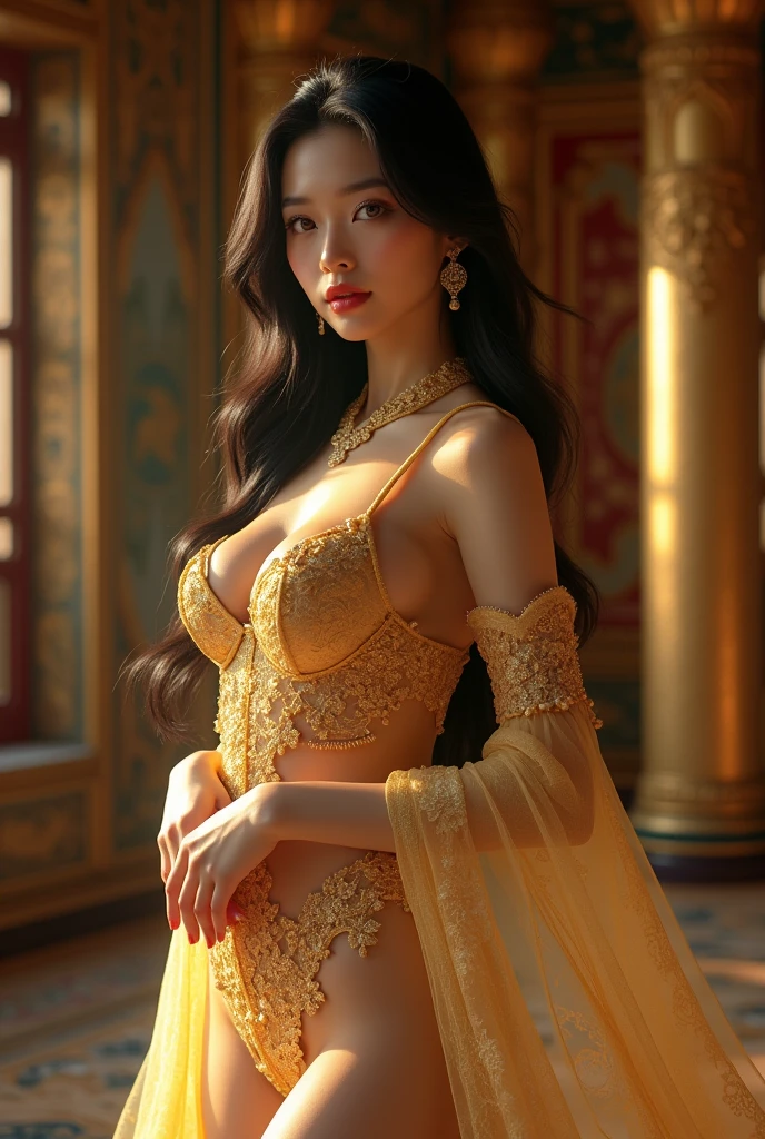 verybadimagenegative_v1.3, ng_deepnegative_v1_75t, (full body image)) a sexy woman with long ponytail hair, detailed face, beautiful eyes, beautiful lips, white skin, big breasts, shaved vagina, straddling legs, detailed facial features, voluptuous pose, masterpiece, 8k, high quality, ultra detail, realistic, cinematic lighting, joyful atmosphere, light surreal elements, digital art