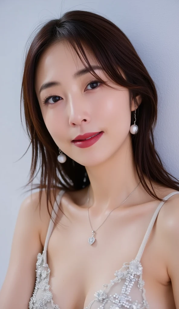 (Canon RF85mm f/1.2,best quality,Reality:1.4,light),(1 girl,Korean mixed,Korean Idol:1.2,beautiful long_Slim_leg),(long_Brown_Wavy_hair),(pink_Shiny_Lips,pink_Eyeshadow,eyelash,powder_blush,cosmetic),(White_Shiny_skin,black eyes,Pores,skin texture,Shiny),(necklace,earrings),Large Breasts,Smile,Dynamic poses，Half exposed