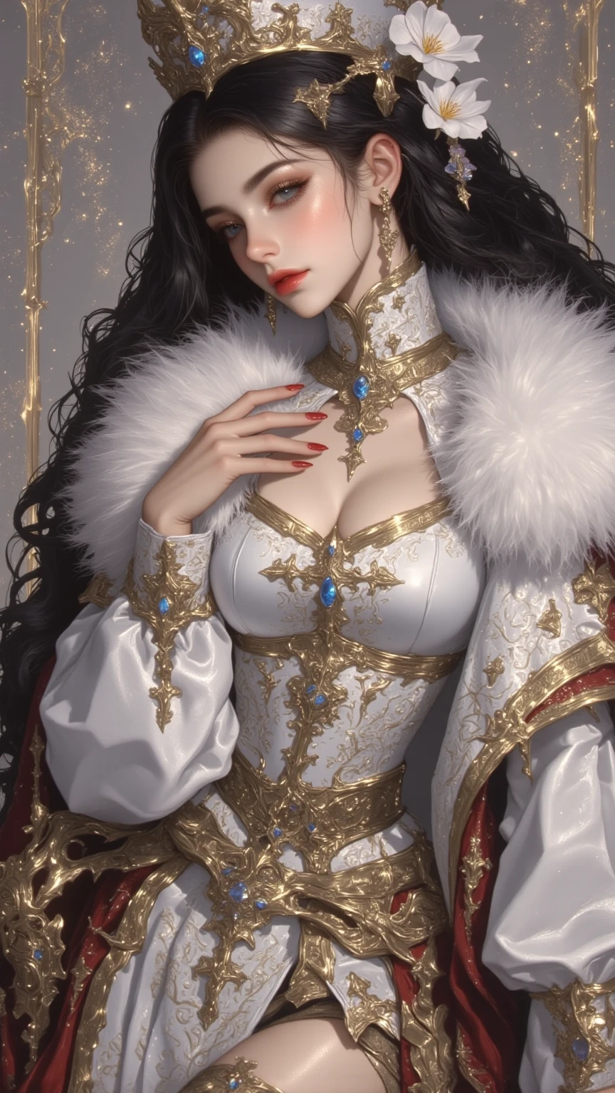 best quality,masterpiece,highres,original,extremely detailed wallpaper,perfect lighting,extremely detailed CG,<lora:add_detail:0.3>,standing,
<lora:saraliya:0.75>,saraliya,single hair bun,long hair,makeup,lipstick,jewelry,milf,mature female,beautiful elegant woman,