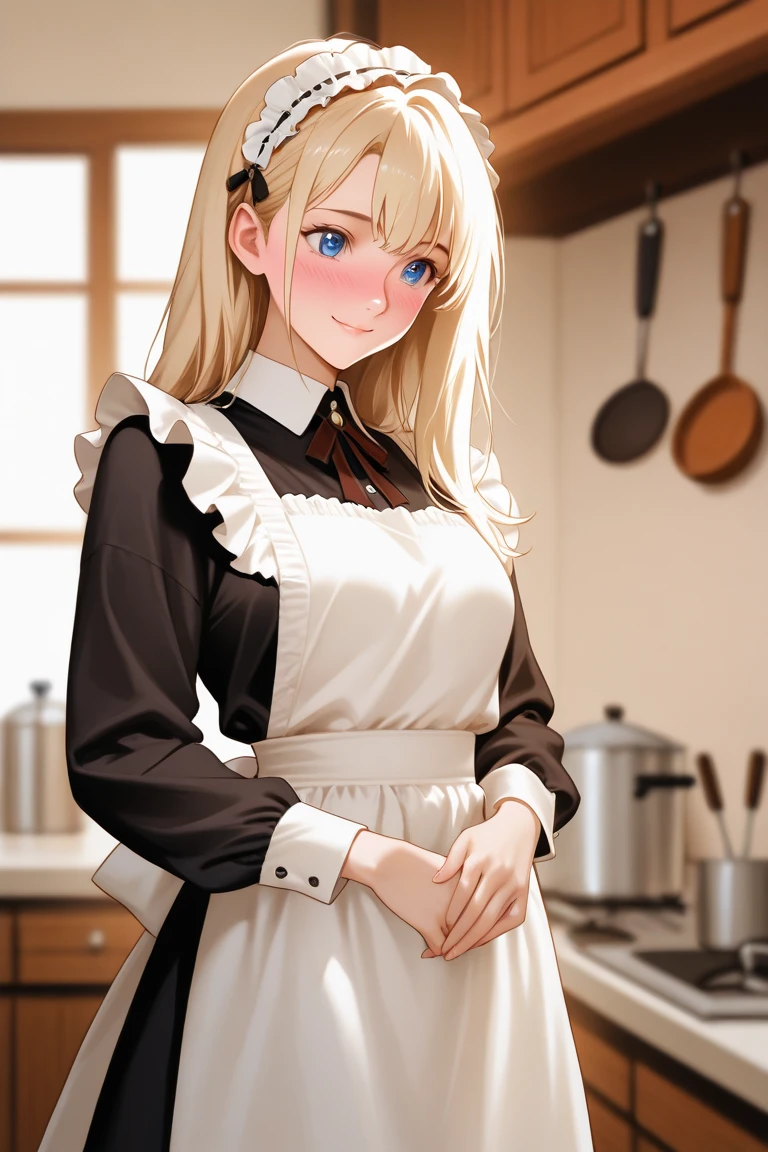 (masterpiece:1.2, top-quality), (realistic, photorealistic:1.4), beautiful illustration, (natural side lighting, movie lighting), depth of fields,
beautiful detailed hair, beautiful detailed face, beautiful detailed eyes, beautiful clavicle, beautiful body, beautiful chest, beautiful thigh, beautiful legs,
looking at viewer, 1 girl, 17 years old, (perfect anatomy, anatomically correct, super detailed skin), cute and symmetrical face, perfect face, perfect eyes, perfect body,
(long hair, straight hair:1.5, sideburns), break (silver hair), swept bangs, break purple eyes, big eyes, long eye lasher, (medium breasts, seductive thighs), babyface, shiny skin, pink skin,
(detailed cloth texture, break (long sleeve marine blue collared shirt, break light brown tight skirt, break apron)), break
(beautiful scenery), night, (kitchen room:1.2), standing, hands between legs, (lovely smile, upper eyes, parted lips),