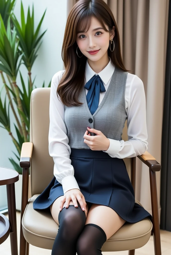 ulzzang -6500-v1.1, (Raw photo:1.2), (Photorealsitic), (Real:1.4), There is an office lady sitting cross-legged on the sofa, (Ultra-realistic pantyhose:1.2)、Skirt and thighs、wearing a vest、White ultra-thin shirt、in a strict suit, Poses variadas, 30 year old female, 3 0 years old woman, 165 cm tall, Full legs、A smile、 vibrant detail, super detailing, realistic skin textures, Detail Face, Beautiful detail eyes, make - up, (detailedbackground:1.2), shinny skin、Exposed thighs!!!、