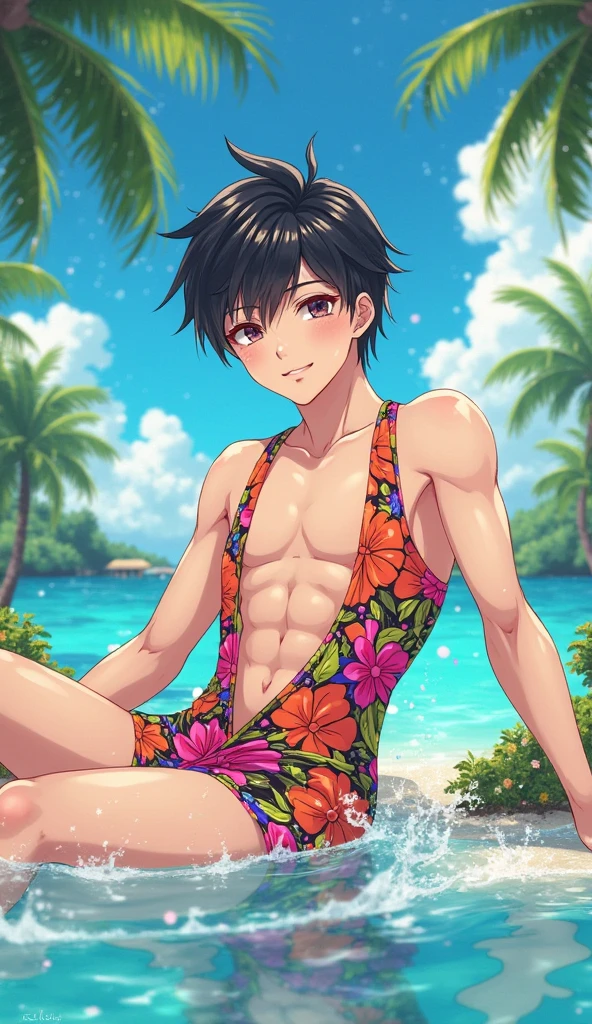 alone, looking at viewer, blushing, smiling, short hair, bangs, rosary eyes, Tan hair, shirt, 1boy, navel, hair between eyes, jewelry, open mouth giving piercing tongue, short sleeves, male focus, cowboy shot , sweat, earrings, outdoors, open clothes, sky, day, collared shirt, belt, pants, Light skin, water, necklace, tree, wet, open shirt, ocean, beach, black pants, floral print, abdomen, dark skinned man, Cross, pectorals, arms behind head, backlight, toned, sunset, sand, palm tree, toned male, men's swimwear, Hawaiian shirt