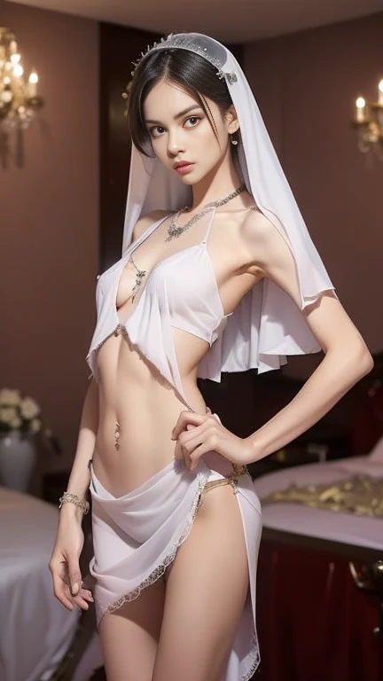 young Italian woman, ((full body)), ((ultra micro and see through bikini)), ((the color of the bikini is white)), beautiful chest, standing with her legs spread apart