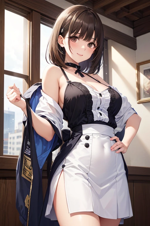 anegasaki nene、Shiny brown hair, short hair, (Beautiful brown eyes、Sparkling eyes, Fine grain)、smile、超Detailed eyes、Highly detailed face, 非常にDetailed eyes,Cowboy Shot、
(high quality, High resolution, The finer details), Realistic,
black and white striped mini dress, small silk hat, Spotlight, alone, Curvy Women, Sparkling eyes, (Detailed eyes), smile, blush, Sweat, Oily skin, Shallow depth of field」