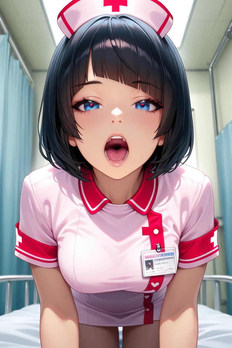 (1 girl), Little,messy hair,brown body hair,(rape face),, masterpiece, highest quality, ultra high resolution, 8k, professional lighting, photon mapping, ,(hospital),low saturation,Front view, full length, realistic background, shallow depth of field, perfect anatomy,,((cute:1.5)),(:1.5)、(nurse uniform:1.6),(I was scared:1.6)、(blush:1.5),NSFW, (:>=:1.1), (1 boy, Until a lot:1.2), corridor, Look up at the viewer with a loving gaze, (close to the viewer:1.3), (the audience is standing:1.1),((pov oral sex:1.4)), ,((penis:1.8))、((deep throat:1.5))、((close up of face))
